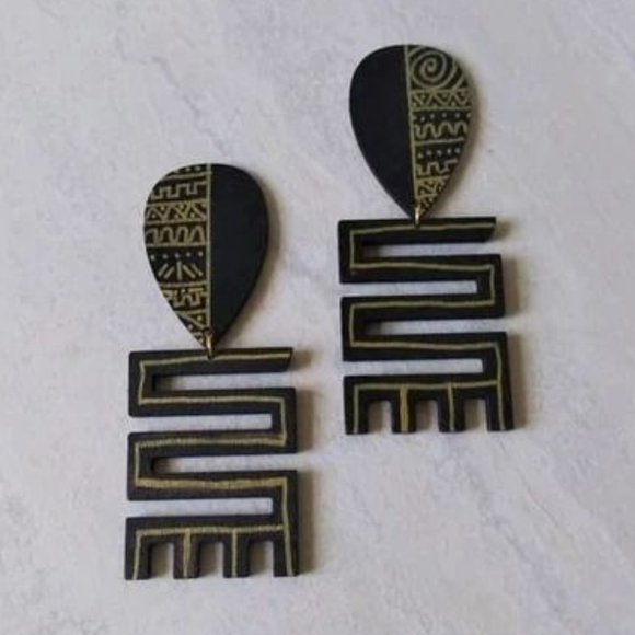 Zaina Black Gold Tribal Print Wood Stud Earrings - Picture 1 of 1